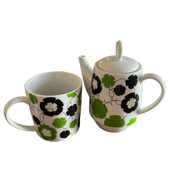 Stackable Teapot And Cup Set Bold Modern Flower Power Stir Gift Navy Blue Green - Picture 6 of 13